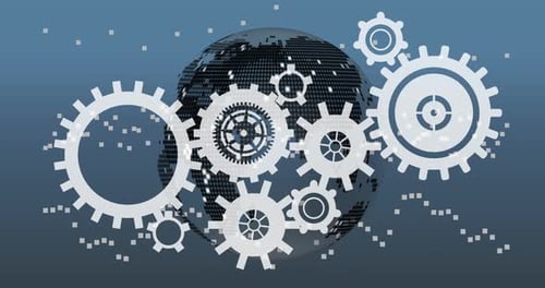 Animated Gears Interlocking with Digital Globe Background