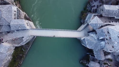 Aerial Drone View Of City Of Old Bridge And Neretva River In Mostar 4K
