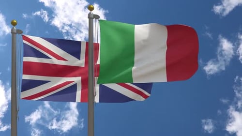 United Kingdom and Italy Flags Waving in Wind