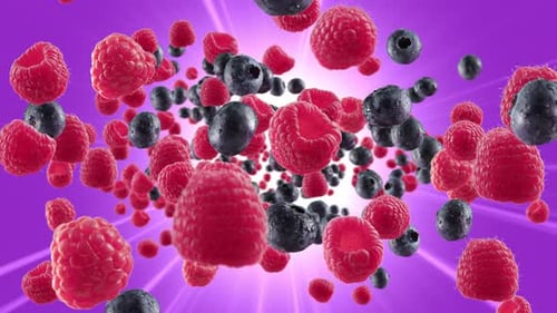 Floating Raspberries and Blueberries on Radiant Purple Background