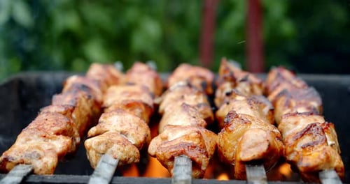 Juicy Meat Shish Kabobs Grilling Outdoors