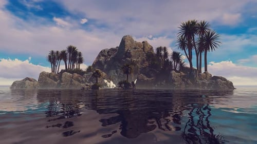 Lonely Island With Palm Trees And Waterfalls