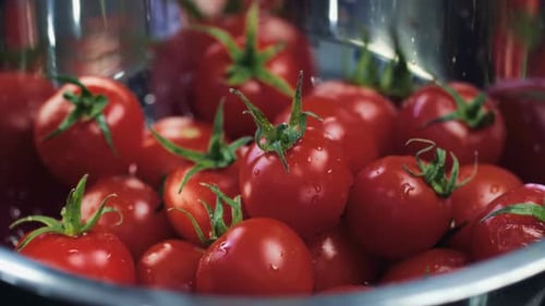 Washing Ripe Red Tomatoes in a Metal Bowl
