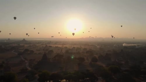 Aerial view of hot balloons in the Old Bagan temple site.