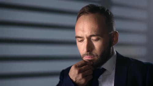 Sad Pensive Business Man Thinking Financial Problem Bankruptcy Company Night Office Jalousie Shadow