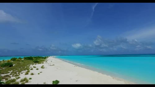 Aerial drone view panorama of exotic shore beach holiday by shallow sea with white sand background o