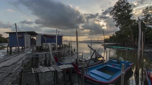 Tranquil Harbor with Rustic Boats at Twilight