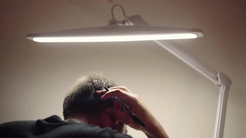 Bearded Man Scratched The Back Of His Head While Studying At Night. - over the shoulder shot