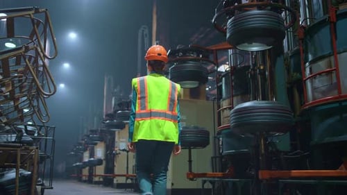 Back View Engineer Walking at Manufacturing Factory
