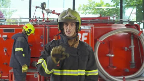 Firefighter Talking in Front of Firetruck at Station