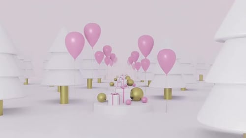Stylized 3D Christmas Path with Gifts and Pink Balloons