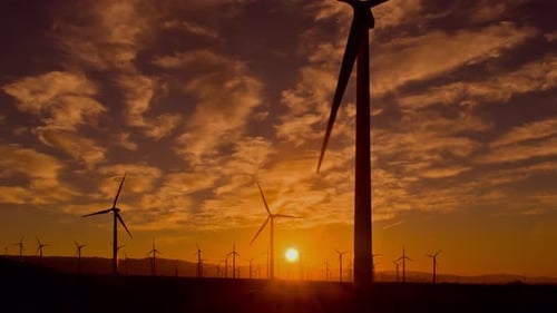 Wind Turbines Silhouetted Against a Dramatic Sunset