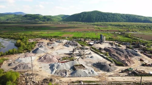 Aerial View Flight Over a Large Plant for the Production of Stone and Rubble of Various Fractions