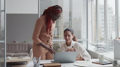 Two Multiethnic Female Colleagues Working in Office