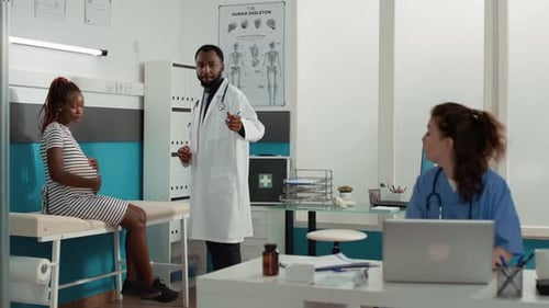 Doctor Talking to Pregnant Woman in Medical Office