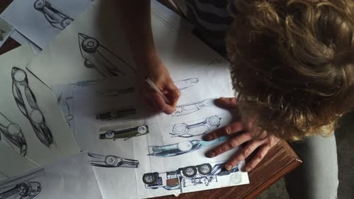Junger Mann zeichnet Autoprojekte auf Papier aus der Vogelperspektive