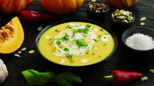 Pumpkin Soup in Bowl Sprinkled with Herbs