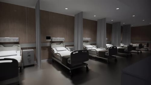 Interior con renderizado 3D. Cama vacía aislada en el hospital,