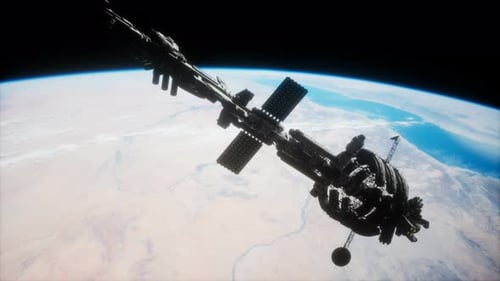 High-Tech Space Station Orbiting Earth with Blue Planet View