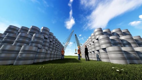 Industrial Production Scene with Barrels, Workers, and Cranes 3D Animation