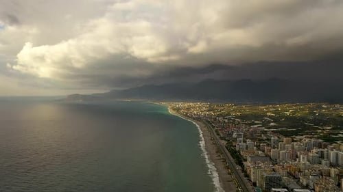 The Drone Flies Over the Sea City