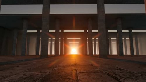 Coucher de soleil à travers les colonnes