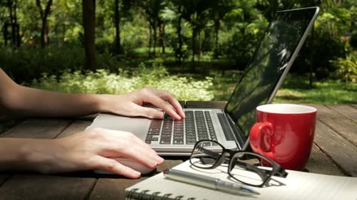 Woman Working on Laptop Outdoors in Greenery