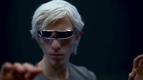 Man Virtual Reality Goggles Playing Augmented Reality Game
