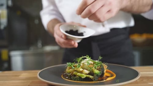 Chef Preparing Gourmet Vegetable Dish in Kitchen