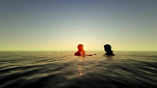 Couples in Love Floating on the Sea at Sunset