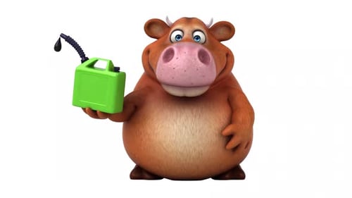 3D Cartoon Cow Character Holding Fuel Can and Pointing Up