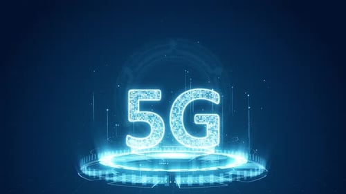 Blaues digitales 5G-Logo mit futuristischer Technologie und Schwebeteilchen auf abstraktem Hintergrund