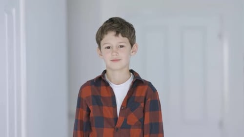 Boy with Curly Brown Hair Smiles Indoors