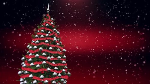 Animated Christmas Tree with Falling Snowflakes and Red Background