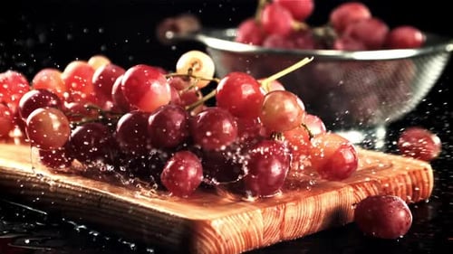 Trauben fallen mit Wasserspritzern auf ein Schneidebrett