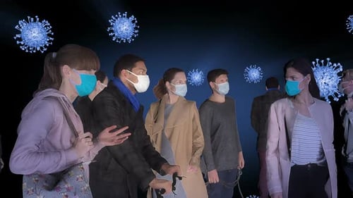 Animated Crowd Wearing Face Masks with Coronavirus Particles