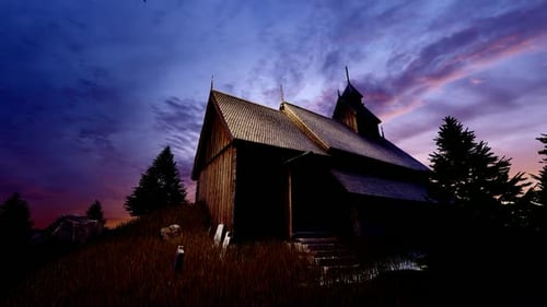 Wooden Chalet and Forest at Sunset View