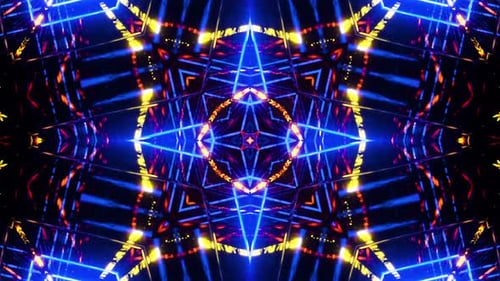 Flying in a tunnel with flashing blue fluorescent lights. Kaleidoscope Infinitely looped animation.