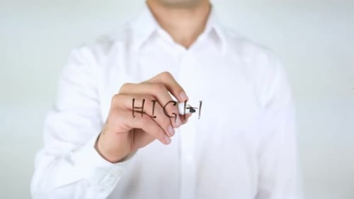 Hand Writes Word High on Clear Surface