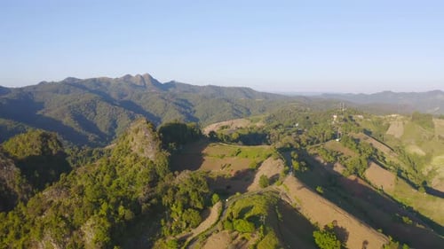 Aerial top view of forest trees and green mountain hills. Nature landscape background, Thailand.