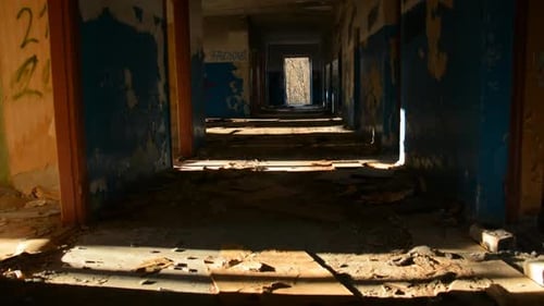 Abandoned Derelict Hallway with Sunlight and Debris