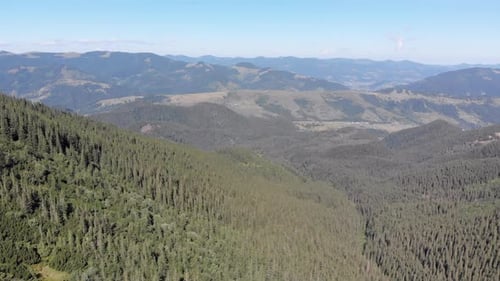 Aerial Panoramic View of Green Mountain Range and Hills in Valley of Carpathian