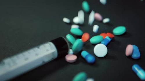 Close-up Liquid Substance in Syringe, Drug. The Treatment of Dangerous Diseases. Injection. Colorful