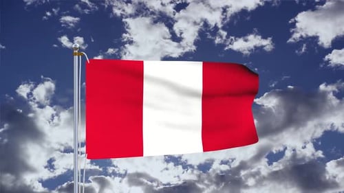 Realistic Peruvian Flag Waving on Flagpole Against Cloudy Sky