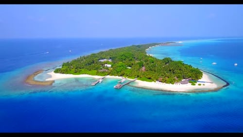 Aerial drone view panorama of tranquil sea view beach adventure by shallow water and white sand back