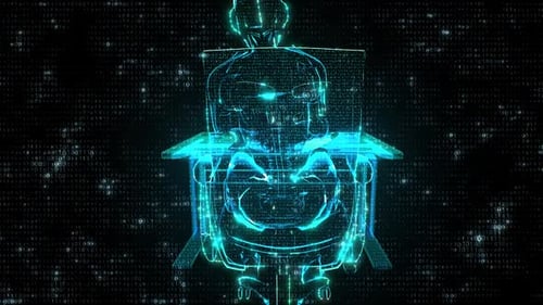 Futuristic Wireframe Human Working on Laptop in Digital Environment