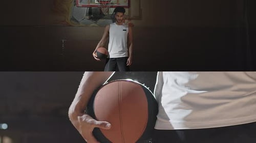 Pantalla dividida de un jugador de baloncesto decidido