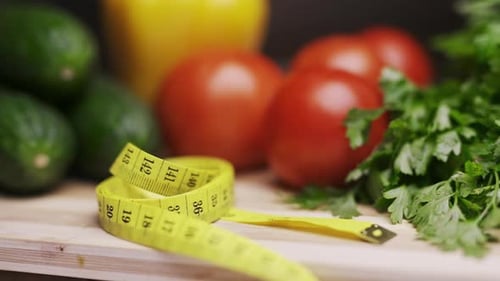 A Side View of Yellow Measuring Tape and Fresh Vegetables on a Wooden Cutting Board