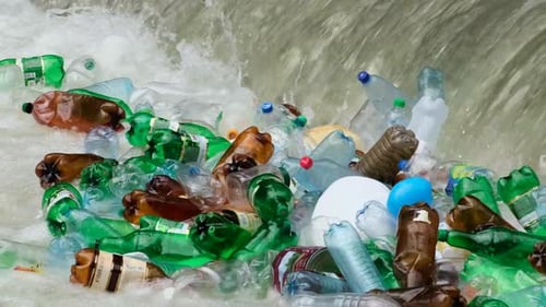 Plastic Bottles and Garbage in River Water