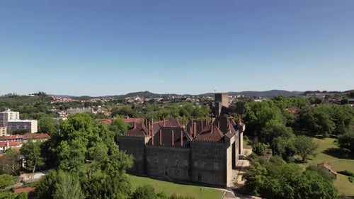Flyover Palace of the Dukes of Braganza towards Downtown Square, Guimaraes
